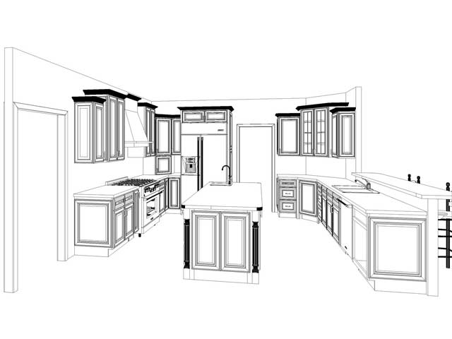 A black and white drawing of a kitchen with cabinets and appliances.