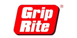 A red and white logo for grip rite on a white background.
