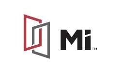 A red and black logo for a company called mi.