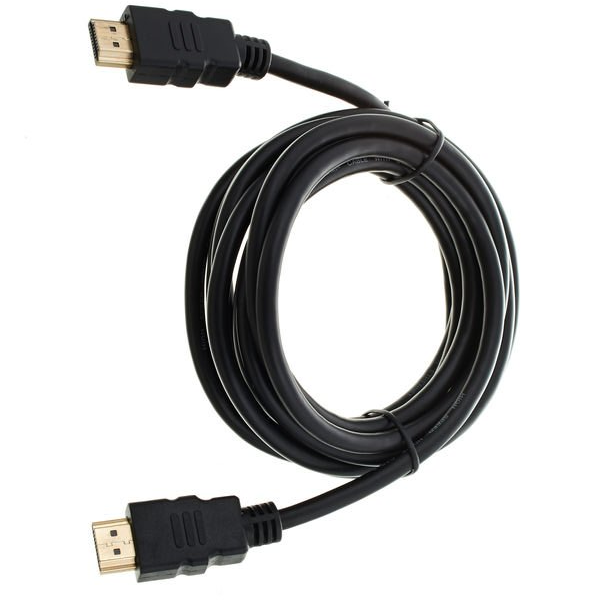 Black HDMI cable coiled on a white background.