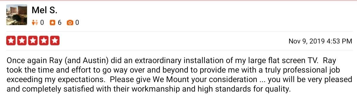 Review by Mel S. with five red stars; text praising a TV installation.