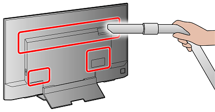 A hand vacuums the back of a TV. Red boxes highlight areas needing cleaning on the gray screen.