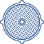 Blue circular manhole cover with a crosshatch pattern.