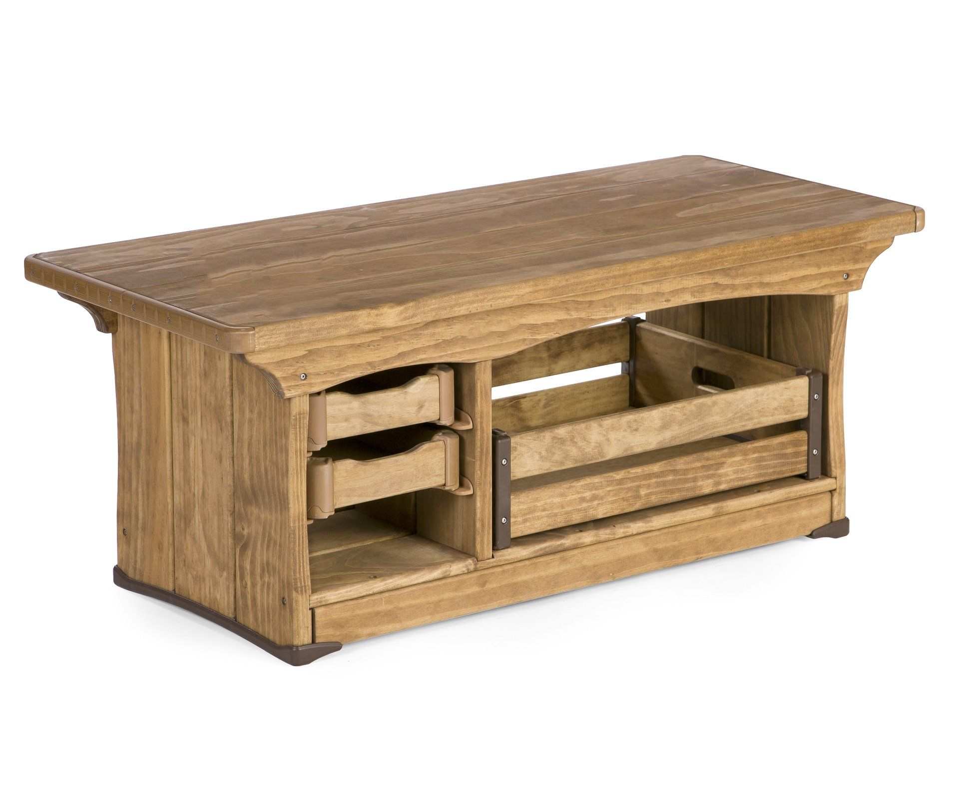 Wooden bench with two drawers and a crate-like storage space, rustic design, light brown color.