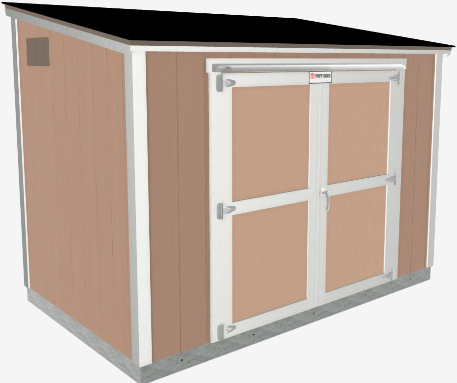Tan wooden shed with white trim, a black slanted roof, and double doors.
