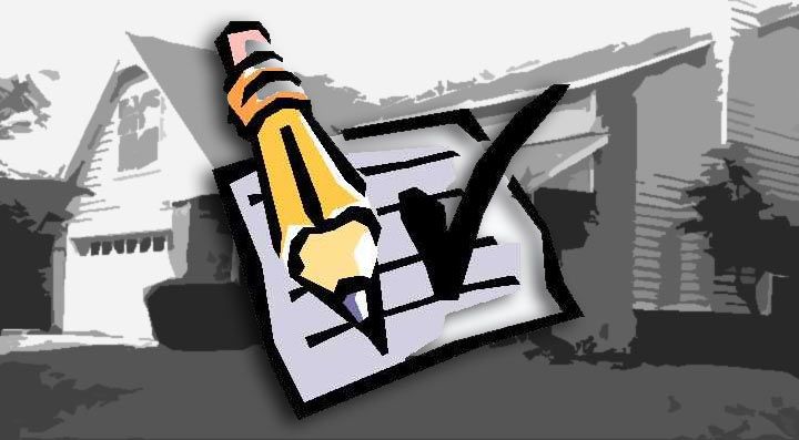 A drawing of a pencil writing on a piece of paper with a house in the background
