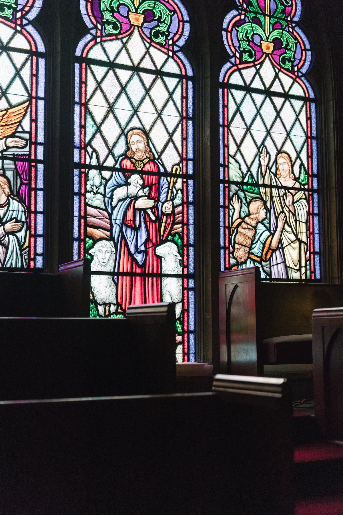 Stained glass windows in church with religious figures and sheep; wooden pews in foreground.