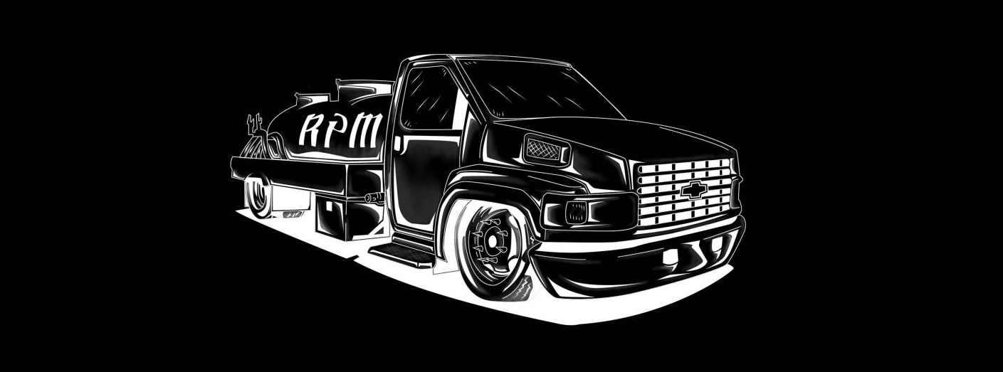 A black and white drawing of a pump truck on a black background.