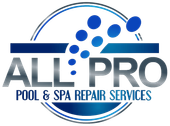 Logo for All Pro Pool & Spa Repair Services: blue and silver text with water droplets.