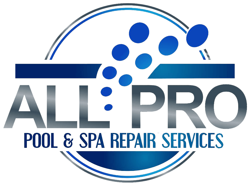 Logo for All Pro Pool & Spa Repair Services: blue and silver text with water droplet design.