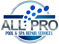 Logo for All Pro Pool & Spa Repair Services: blue and silver text with water droplet design.