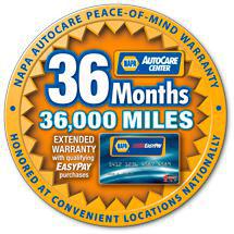 NAPA AutoCare warranty badge: 36 months/36,000 miles. Orange, blue and white circular emblem.