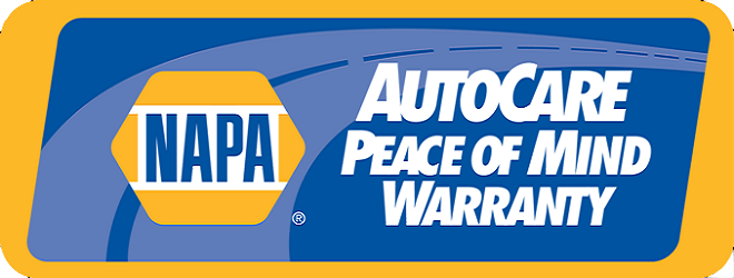 NAPA AutoCare logo with text: Peace of Mind Warranty. Blue background with yellow border.