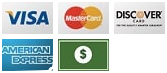 Logos for Visa, Mastercard, Discover, American Express, and a dollar sign.