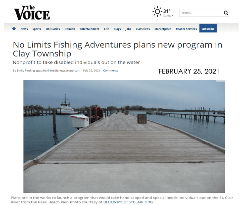 Article about No Limits Fishing Adventures. Pier on the water. February 25, 2021.