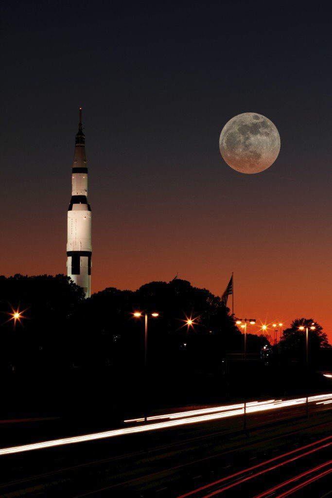 Space and Rocket Center, Huntsville, Alabama, featuring the Saturn V rocket. This was the rocket that took man to the moon.