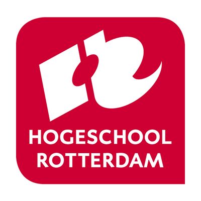 Logo voor Hogeschool Rotterdam, rood vierkant met wit abstract logo en de tekst 