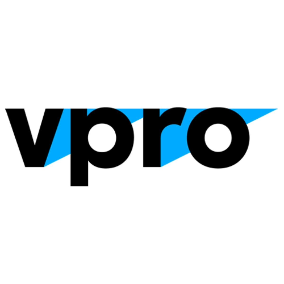 Logo van VPRO, zwarte tekst met blauwe hoekige vormen.
