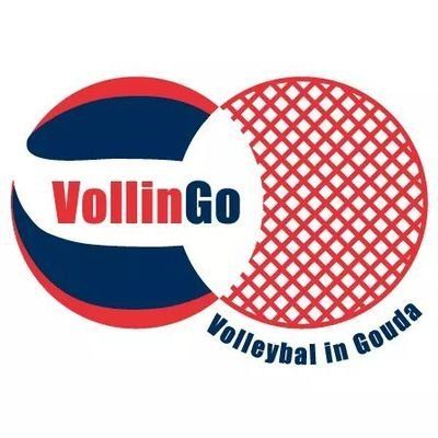 Logo voor volleybalclub VollinGo in Gouda. Rood, wit en blauw ontwerp met bal en tekst.