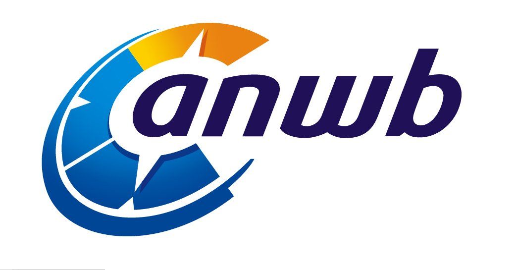 Blauw en geel ANWB-logo: een kompasvorm met een halve maan rond het woord 