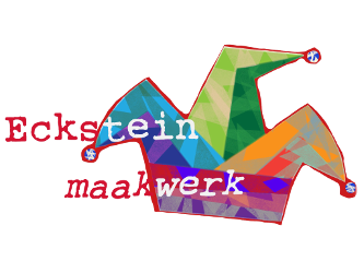 Logo voor Eckstein Maakwerk, met tekst en een kleurrijke illustratie van een narrenmuts.