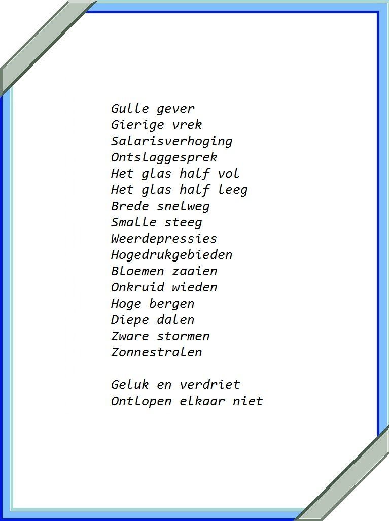 Gedicht op een blauw omrand vel papier, met een lijst Nederlandse woorden.