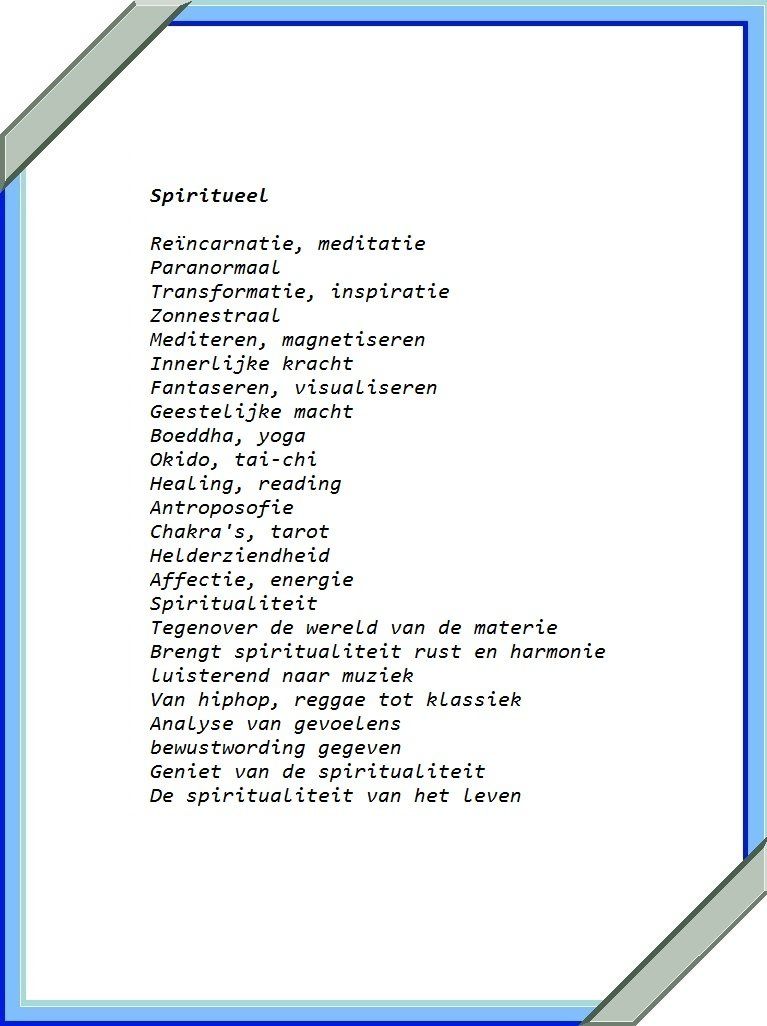 Gedicht met een lijst van geestelijke termen in het Nederlands, omlijst door blauwe en grijze linten.