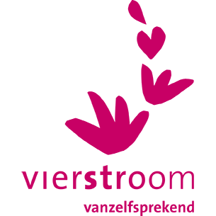 Logo van Vierstroom met roze bloemen design, het woord 