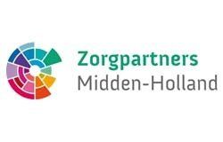 Logo voor Zorgpartners Midden-Holland, een zorgorganisatie, bestaande uit een kleurrijke cirkel en tekst in groen en grijs.