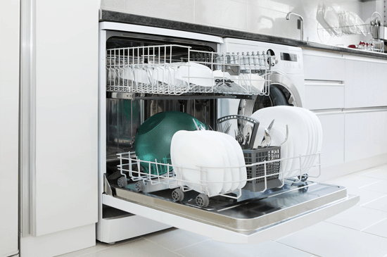 open dishwasher with clean dishes