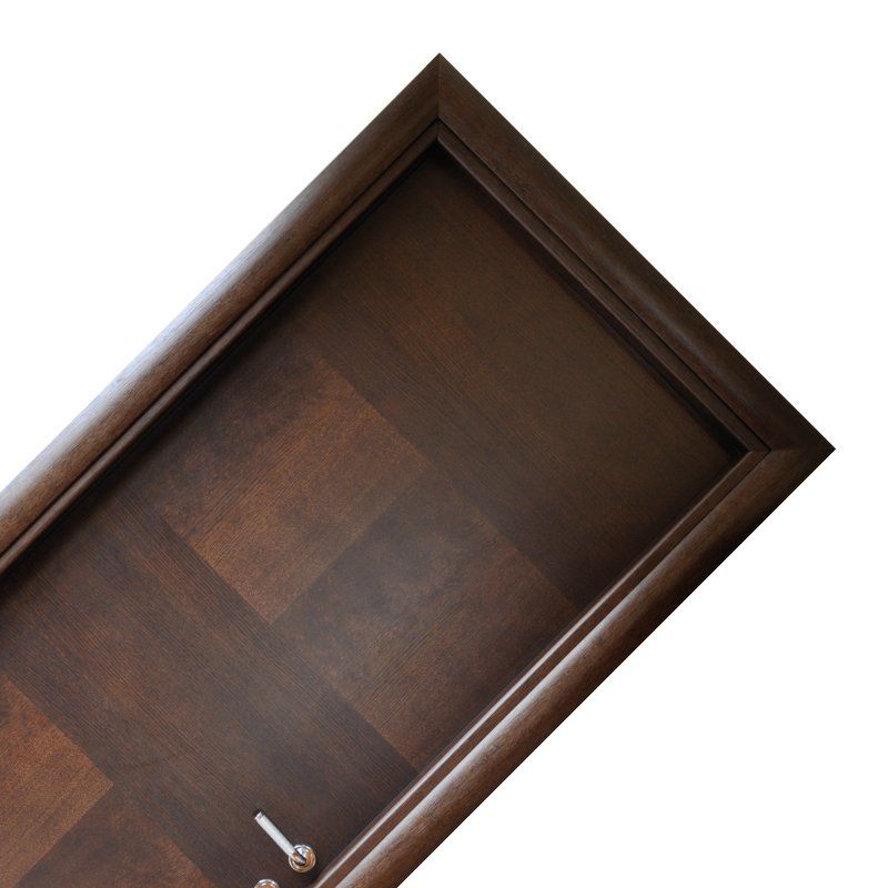 Porta in legno marrone scuro con pannello rettangolare e maniglia cromata.