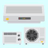 Three white air conditioning units: a large one, a window unit, and an outdoor unit.