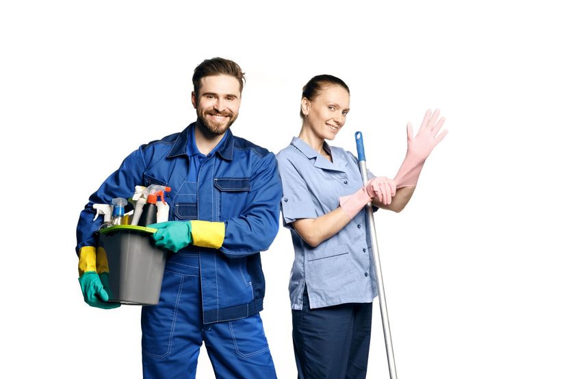 Young Woman and Man in Cleaning Uniform — Westerville, OH — DK Cleaning Services Young Woman and Man in Cleaning Uniform — Westerville, OH — DK Cleaning Services