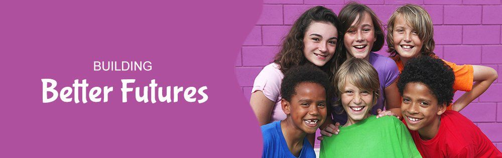 A smiling group of youth in colorful shirts against a purple background, with the text 