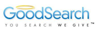 The GoodSearch logo features blue text with a yellow halo over the first letter 