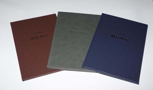 red-brown, gray and blue menu covers