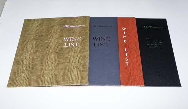 gold, blue and red and white wine list covers