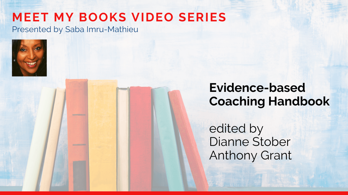 Meet My Books video series title card for the Evidence-based Coaching Handbook, featuring a row of books and a headshot.