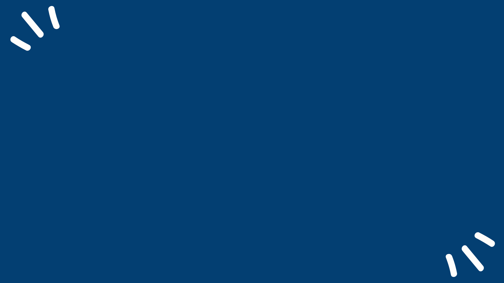 A solid navy blue background with stylized white dash marks in the top-left and bottom-right corners.
