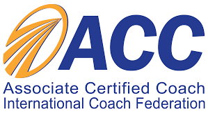 Logo for the International Coach Federation's Associate Certified Coach (ACC) credential, featuring blue text and an icon.