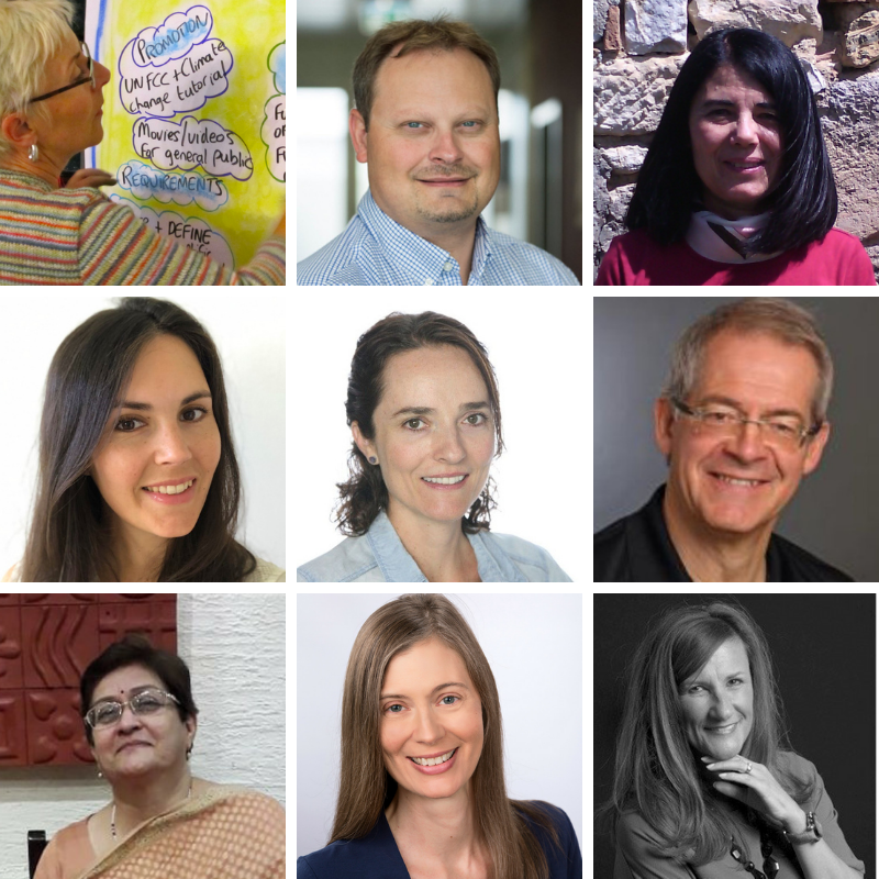 A grid of nine headshots featuring people in professional settings, showing a variety of expressions and backgrounds.