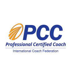 Logo for the International Coach Federation’s Professional Certified Coach (PCC) credential featuring blue text and an icon.