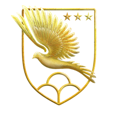 A golden shield emblem featuring a flying bird above three arched lines and three stars in the upper right.
