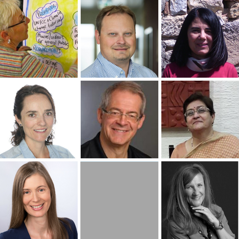 A grid of eight headshots and one person writing on a whiteboard, representing a diverse group of professionals.