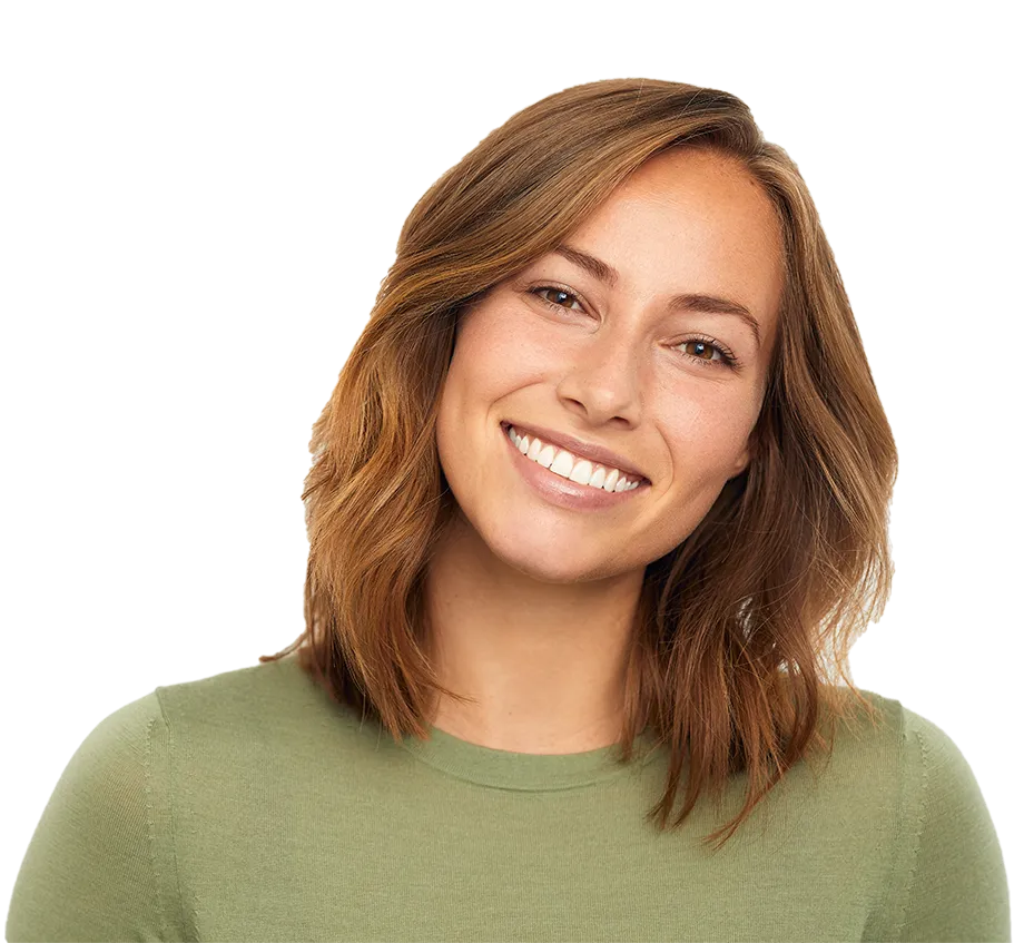 A smiling person with shoulder-length brown hair, wearing a green shirt, against a plain white background.