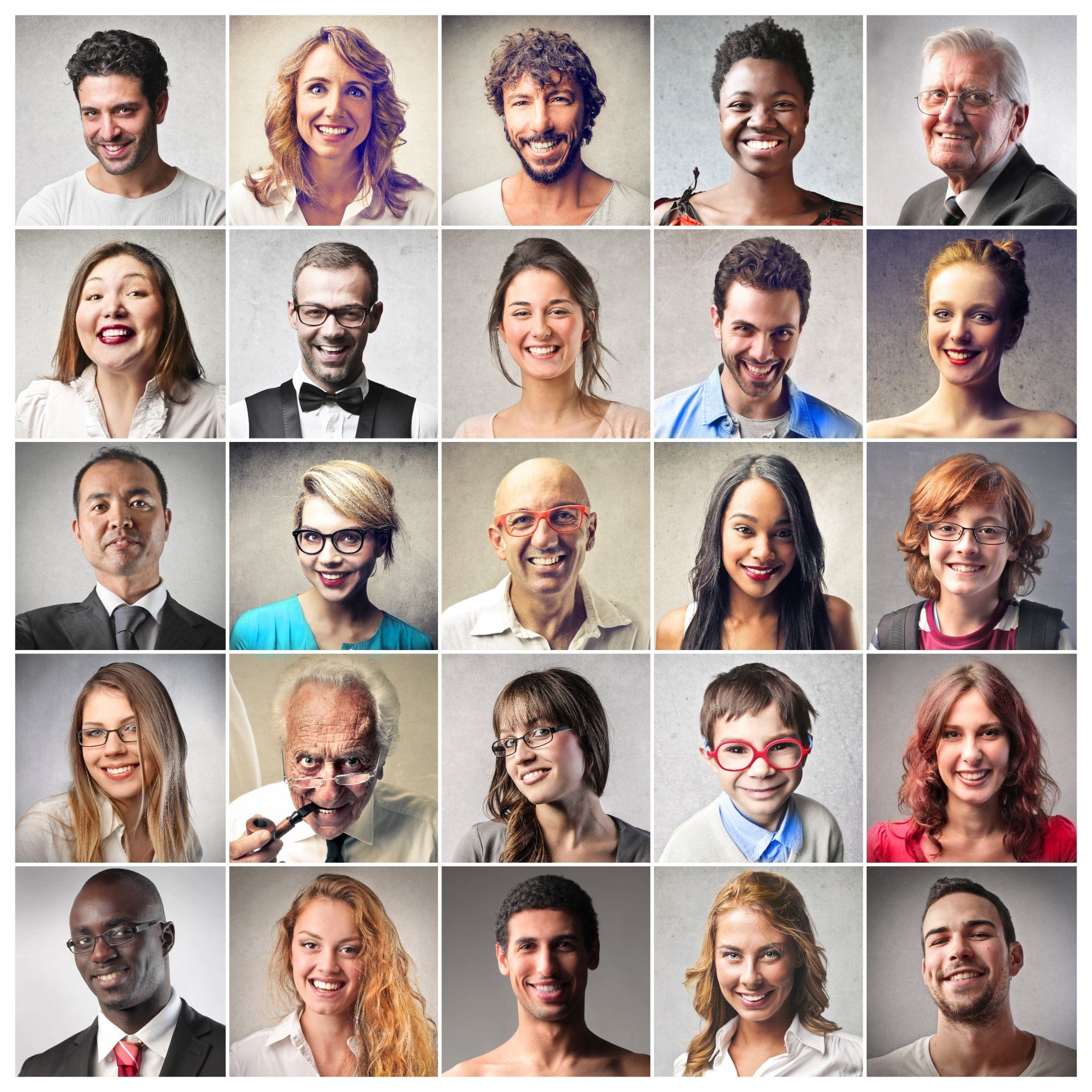 A grid of 25 portraits showing diverse individuals with varied expressions against a neutral, textured background.