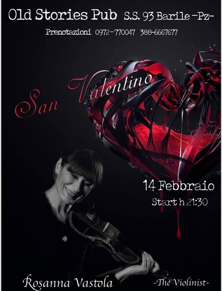 Evento di San Valentino all'Old Stories Pub: esibizione di un violinista, grafica a forma di cuore