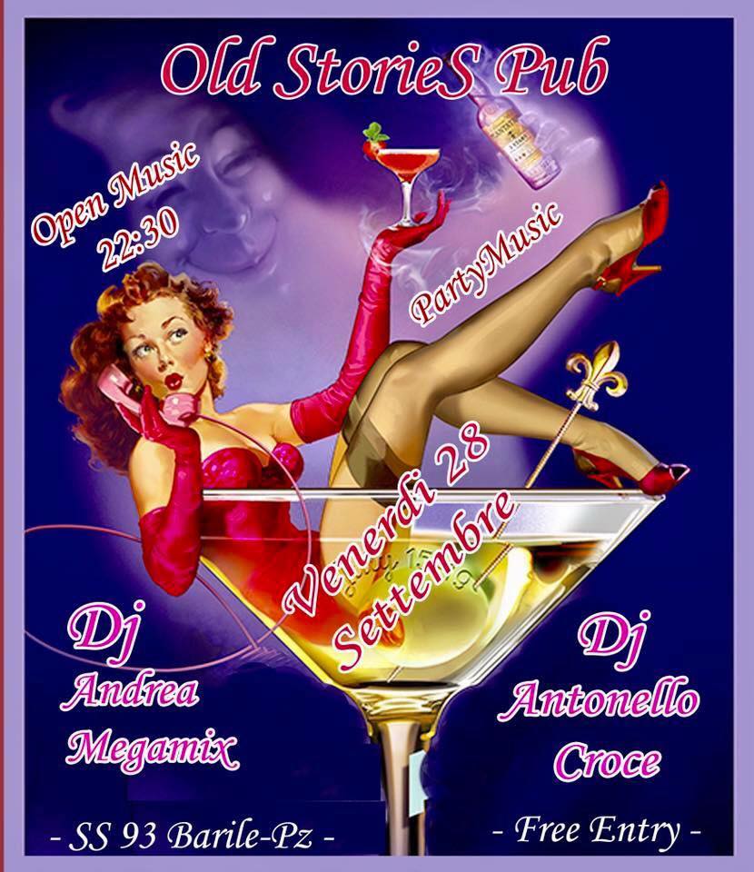 Manifesto per l'Old Stories Pub con una donna in un bicchiere da martini, che pubblicizza musica 