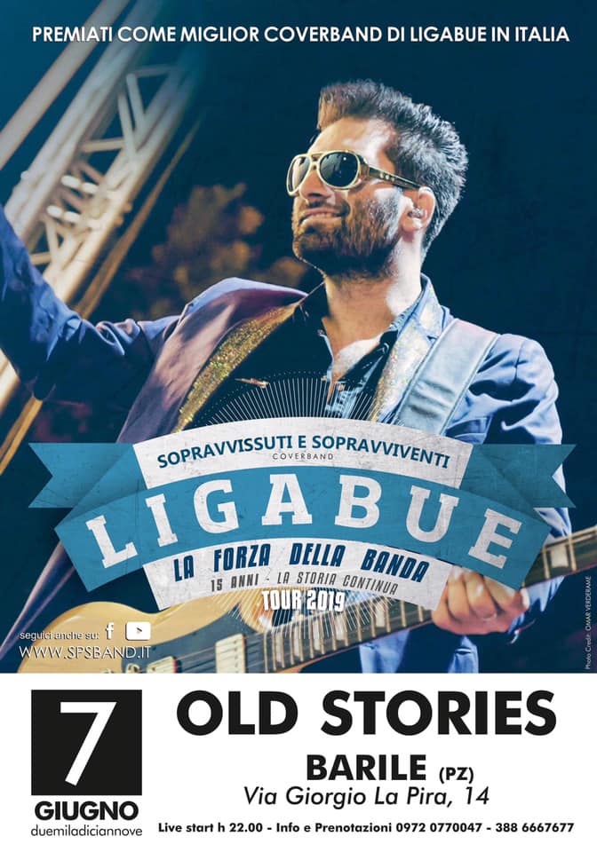 Manifesto del concerto di una cover band di Ligabue all'Old Stories di Barile, in Italia, il 7 giugno..