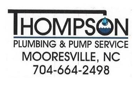 Thompson Plumbing & Pump Service logo with text, a water droplet illustration, and Mooresville, NC, contact info.
